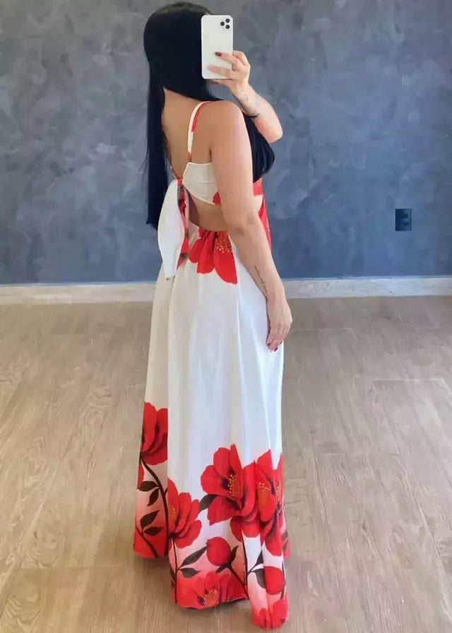 Vestido Longo Crepe De Seda Mari Branco/Vermelho