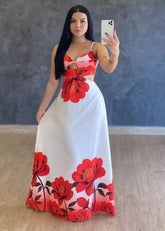 Vestido Longo Crepe De Seda Mari Branco/Vermelho